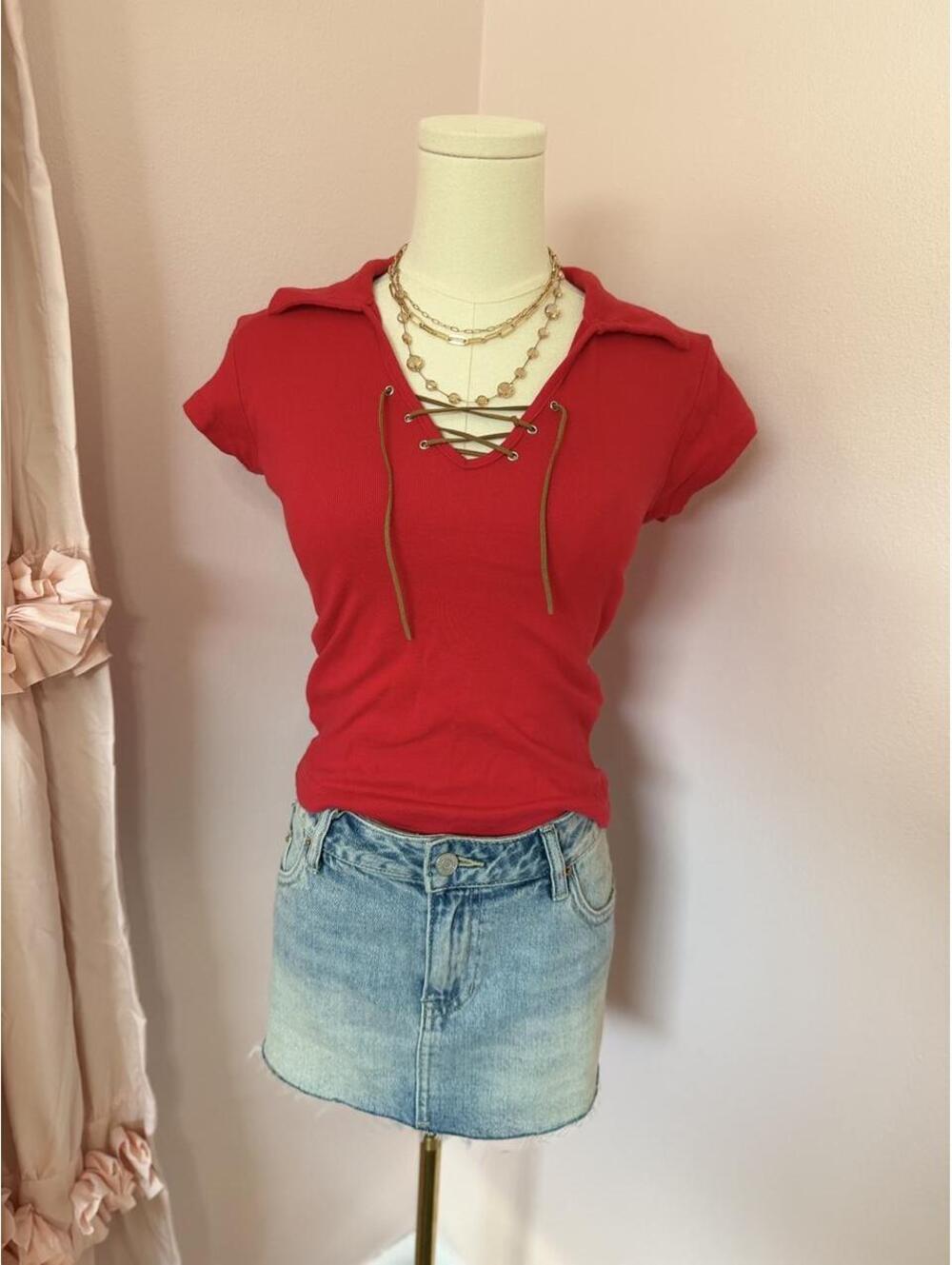 Vintage Self Esteem Red Lace Up Collared Baby Tee Y2K